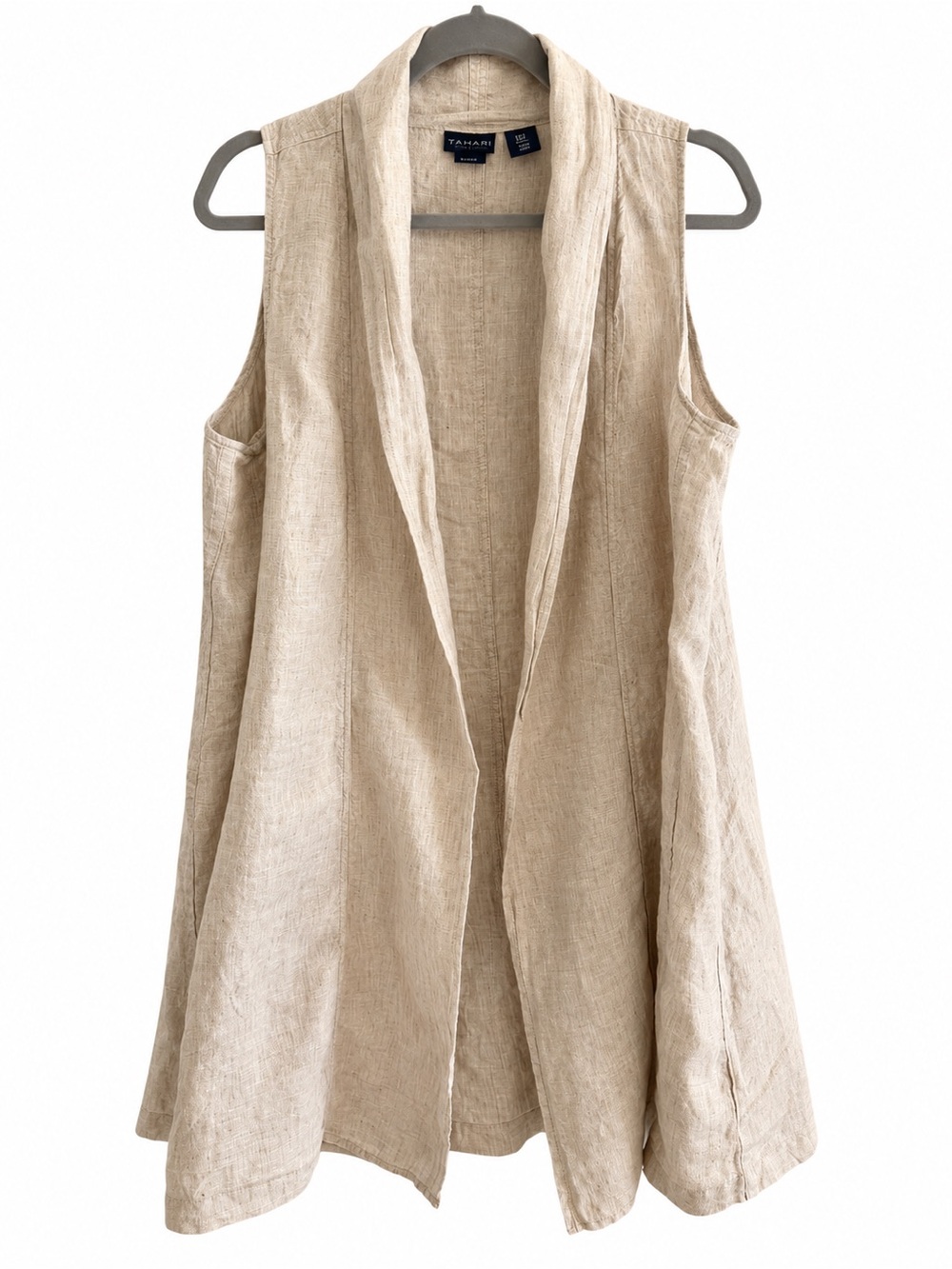 Tahari Women’s M 100% Linen Open Front Vest Duster Tan Beige Sleeveless
